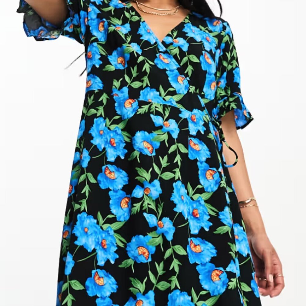 Y.A.S elma mini wrap dress in blue floral print